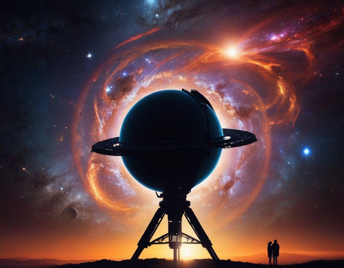 A dramatic cosmic scene depicting the mysterious planet Nibiru looming ominously in a star-filled night sky, with swirling galaxies and astrological symbols in the foreground. A silhouette of an astronomer gazing through a telescope, capturing the planet's ethereal glow and the swirling aura around it. Incorporate elements of astrology like zodiac signs subtly incorporated into the celestial background. vibrant colors. super-realistic. cosmic theme.