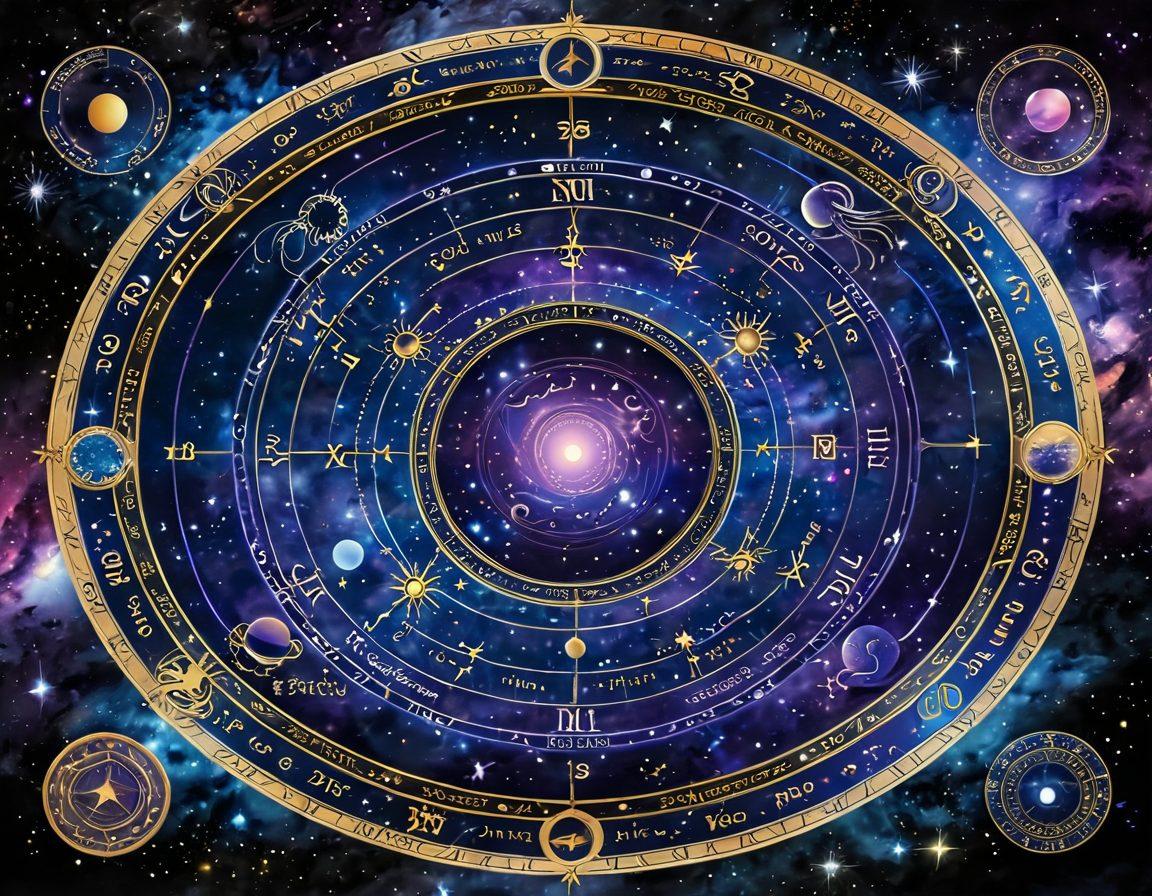 A mesmerizing cosmic scene depicting a vibrant Planet X, Nibiru, surrounded by ethereal swirling galaxies and astrological symbols. The foreground features celestial bodies and an intricate astrological chart, highlighting how Nibiru influences zodiac signs. The color palette should include deep blues, purples, and shimmering golds to evoke a sense of mystery and wonder. Illustrate a starlit sky with twinkling stars and celestial navigation tools floating around. super-realistic. vibrant colors. cosmic theme.
