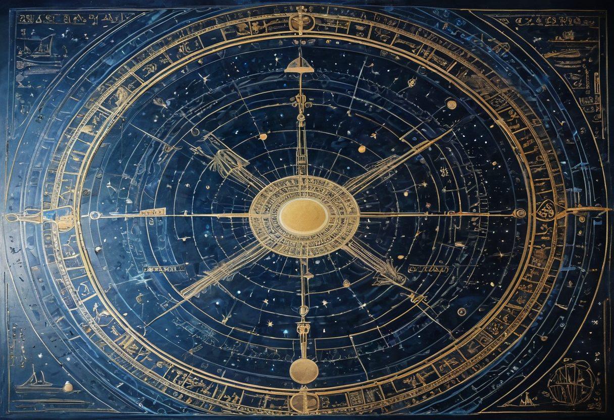 An ancient Sumerian tablet engraved with cosmic symbols, depicting Nibiru orbiting a starry sky filled with vibrant constellations. In the foreground, a mystical astrological chart illuminated by ethereal light. Silhouettes of ancient Mesopotamian structures blend with futuristic astrological instruments. The color palette features deep blues, golds, and glowing whites for a celestial feel. super-realistic. vibrant colors. ethereal glow.